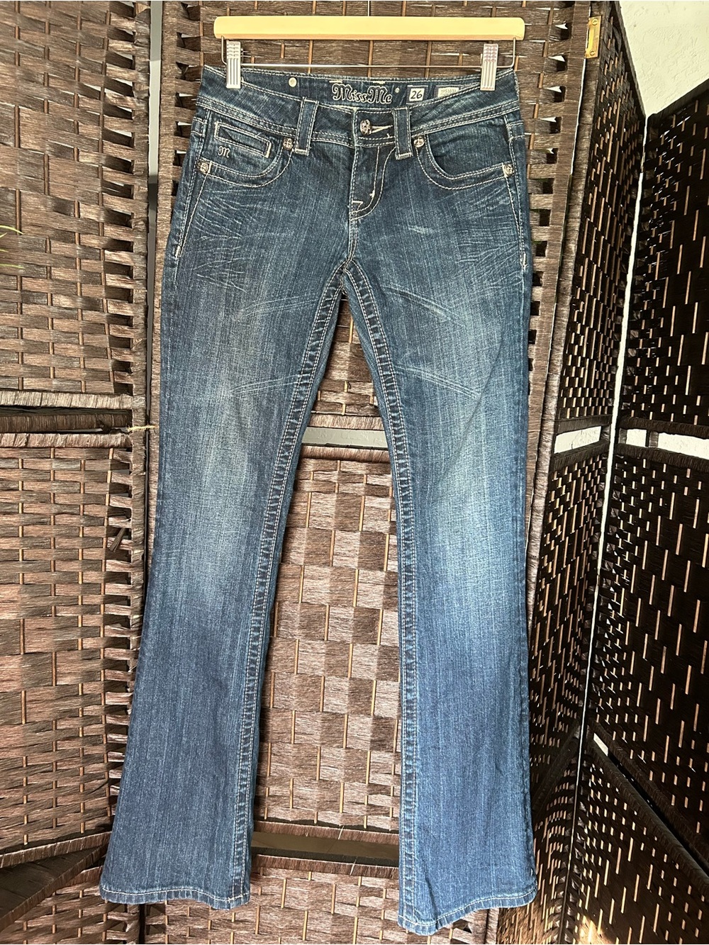 Miss Me Dark Blue Boot Cut Jeans with Faded Whiskering
